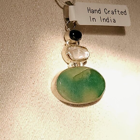 Aventurine Onyx Keshi Pearl All Natural NEW Artisan Crafted Pendant Silver Chain - Picture 6 of 8